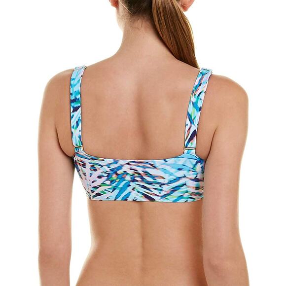 PilyQ Tropical Palm Print Knot Halter Blue Bikini Top Swimsuit Palmas Medium - Picture 2 of 3